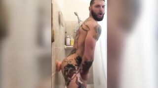 Tatted Hunk Fucks Dildo in Shower Until He Cums687