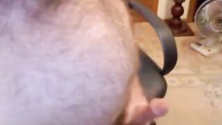 Unshaved dad hairy man stoking his chisel