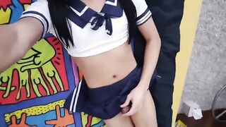 Student crossdresser frolicking with herself