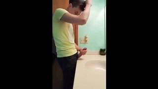 straight hunk with fat dick jerks off in bathroom