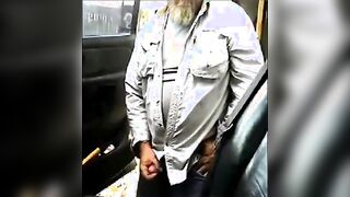 Mature facial hair father wanks his dick by his car outside