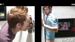 Hot gay blowjob through a hole