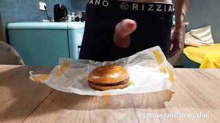 Bulky naughty teenage smashes a burger with a massive shaft and finishes off in it