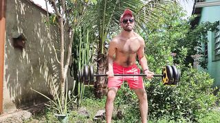 Mitts Exercise Outdoors in G-String and Stroking with Louis Ferdinando