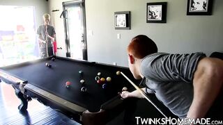 Hot twinks threesome fuck each other bareback on the table