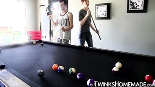 Hot twinks threesome fuck each other bareback on the table