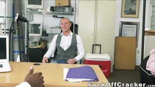 Handsome dude interracially fucked for cash in the office