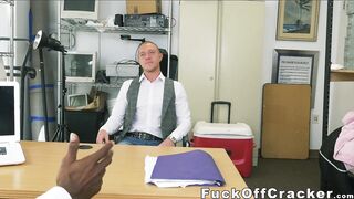 Handsome dude interracially fucked for cash in the office