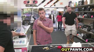 Handsome guy given money to fuck two homo pawn shop workers