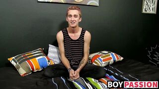 Hung skinny Jayboy twink tugging on his dick on the couch