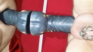 Prostate milking with HUGE dildo in Chastity till orgasm