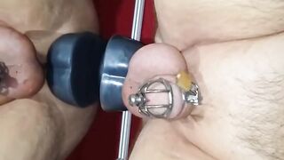 Prostate milking with HUGE dildo in Chastity till orgasm