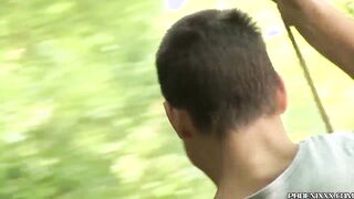 Adorable platinum-blonde lad jizzes while getting screwed in nature