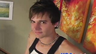 Hot and cute twink wanks his big fat dick in the corner