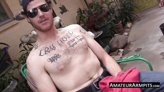 Outdoor solo wanking show with hairy deviant stud