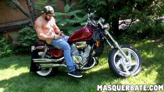 Zack is bearded muscular biker who is jerking off outdoors