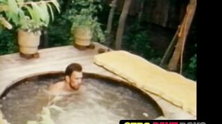 Retro worker jerks off solo after work and jacuzzi time