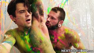 Johnny and Dakota splattered in paint before a cumshot overload