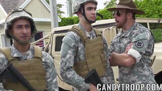 Army studs swap blowjobs before outdoor interracial foursome