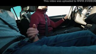 Uber driver fapping beefstick of bearded boy-passenger while driving on highway by camper