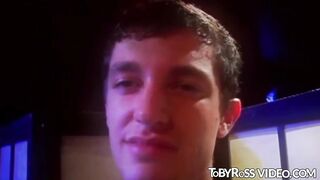 Cute young gay sucking hard cock before mutual handjob