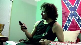 Handsome dude with curly black hair jerking off his big cock