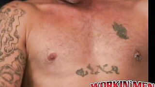 Bearded gay dude shows his tatts and strokes his dick solo