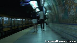 Young Latino sprays cum while riding big bare cock