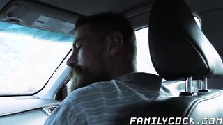 Bearded stepdad bare fucks his cute stepson on the backseat