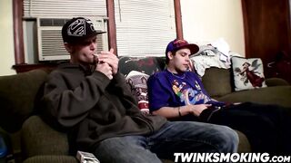 Sexy twinks Drac and Nolan jerking off while smoking cigars