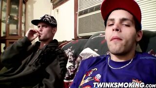 Sexy twinks Drac and Nolan jerking off while smoking cigars