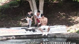 Two Latinos and a white guy fuck in bareback threesome