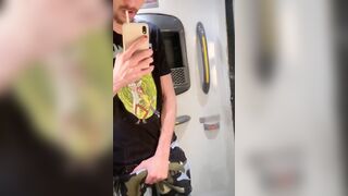 mischievous gay-for-pay stud jizzing in the bus rest room