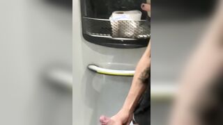 mischievous gay-for-pay stud jizzing in the bus rest room