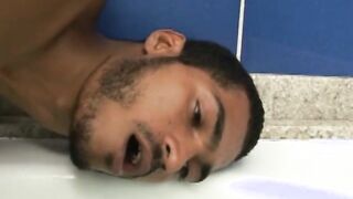 Gay Brazilian jerks off and dildoes his ass while bathing