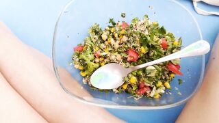 My first-ever time naturist picnic, nude man gulps water, tongues vegan vegetarian salad on a nudist beach, fellows looks at him, maybe they would slurp something else