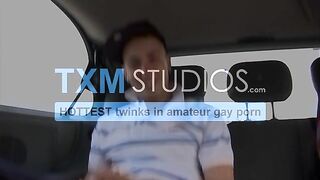 Cock craving twink rammed in moving car threesome