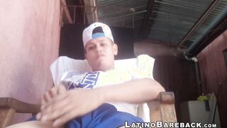 Outdoor wanking with sexy young Latino wearing baseball cap