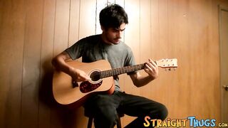 Handsome young man enjoys his guitar and jerkoff solo