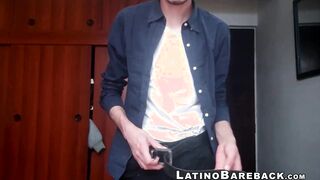 Skinny Latin twink with huge dick jerks off and cums on cam