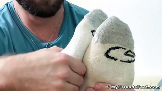 Bearded wolves rubdown each others soles while jacking off