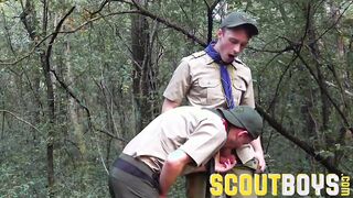 Adorable younger scout observes then attempts out senior scout's stiffy