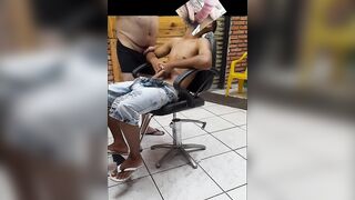 Whorish barber deepthroating young heterosexual customer