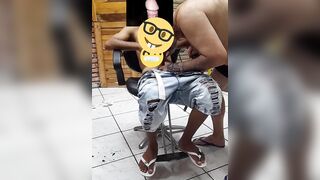 Whorish barber deepthroating young heterosexual customer