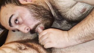 Unshaved ginormous dudes deep-throat each other's pricks and jizz on their faces (Brief Vid)