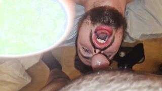 Unshaved ginormous dudes deep-throat each other's pricks and jizz on their faces (Brief Vid)