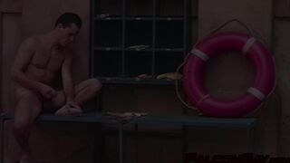 Andrej gulps down Michal's uncut cock in the middle of a public pool