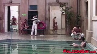 Andrej gulps down Michal's uncut cock in the middle of a public pool