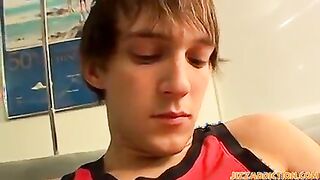 Naughty youngster Andy Kay tugging and nutting all over himself