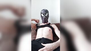 Spiderman wanks off and ejaculates in his cut-offs